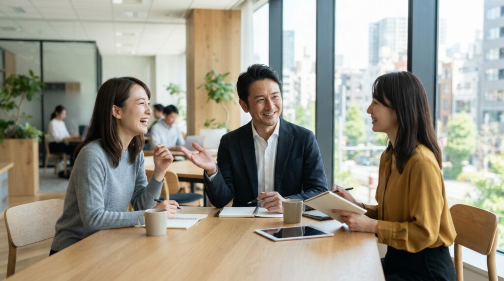 働き方について話し合う日本人のビジネスパーソン