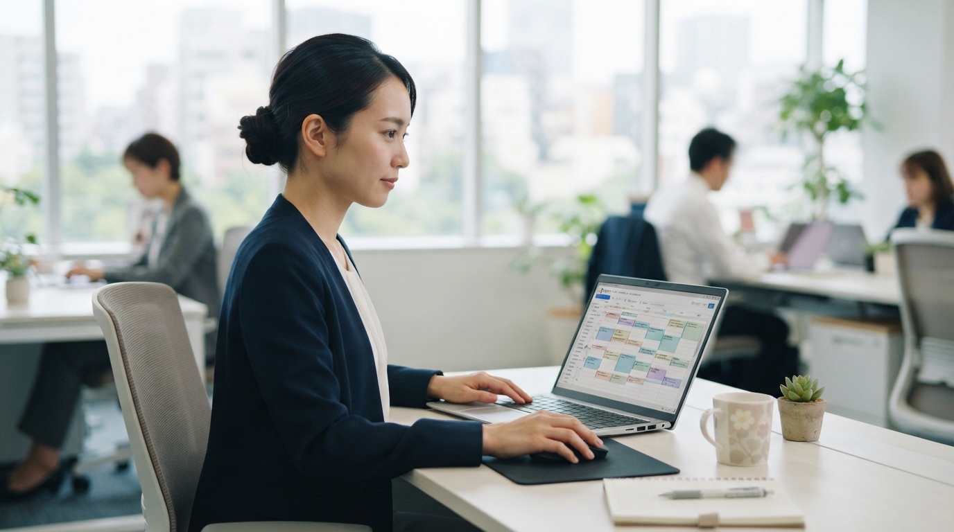 勤務時間を確認する日本人の人事担当者