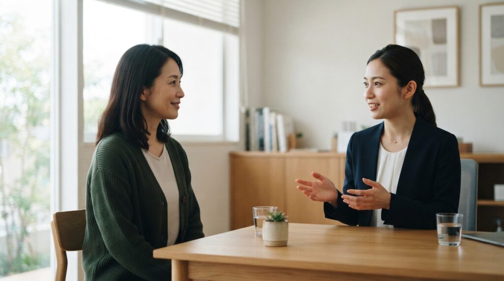 健康について相談する日本人の女性と医療スタッフ