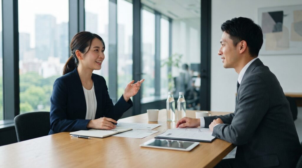 採用の相談をする日本人の企業担当者と代理店の担当者