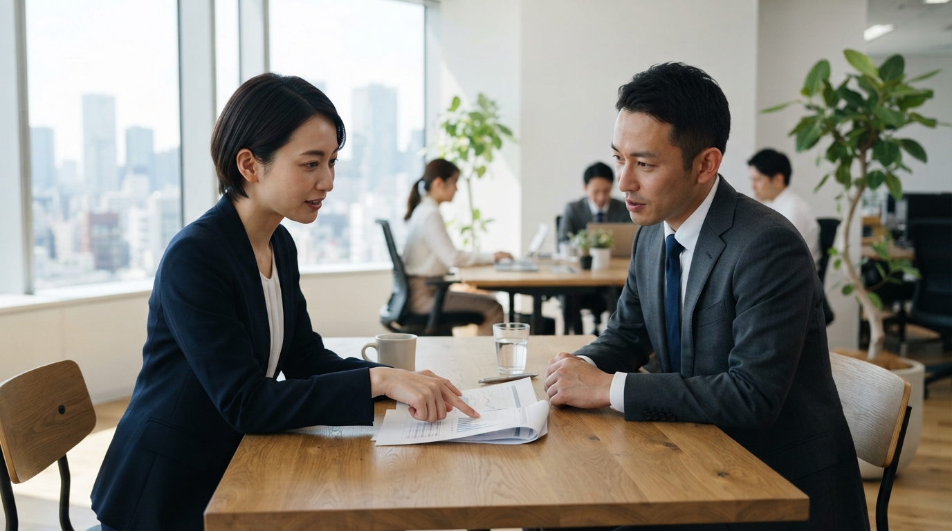 契約内容を確認する日本人のビジネスパーソン