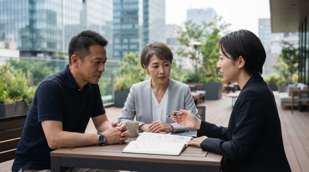 人材紹介の仕組みについて説明を受ける日本人の求職者