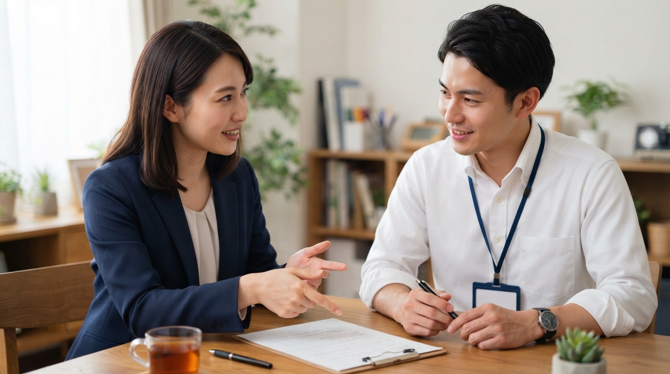 企業の採用担当者と紹介会社の担当者が話し合う様子