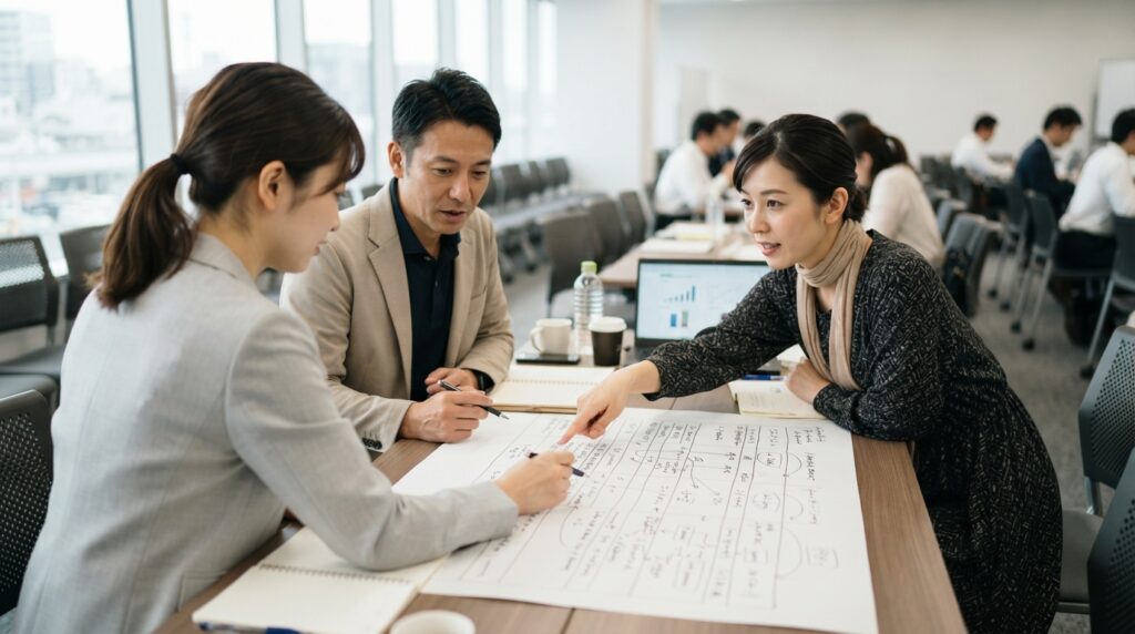 採用業務の分担を話し合う日本人の人事チーム